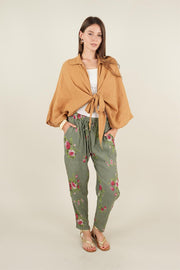 Rose Model Bağlamalı Keten Pantolon Haki