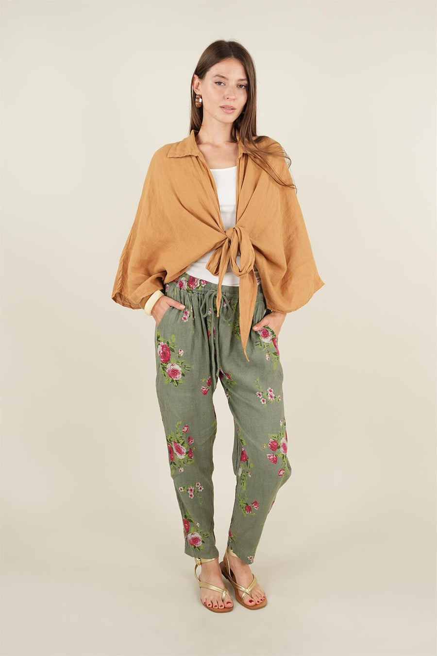 Rose Model Bağlamalı Keten Pantolon Haki