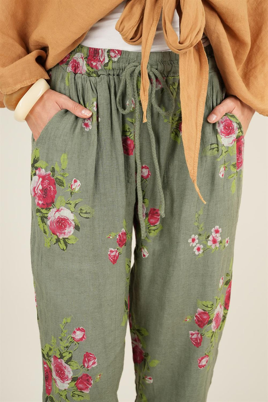 Rose Model Bağlamalı Keten Pantolon Haki