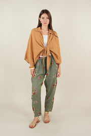 Rose Model Bağlamalı Keten Pantolon Haki