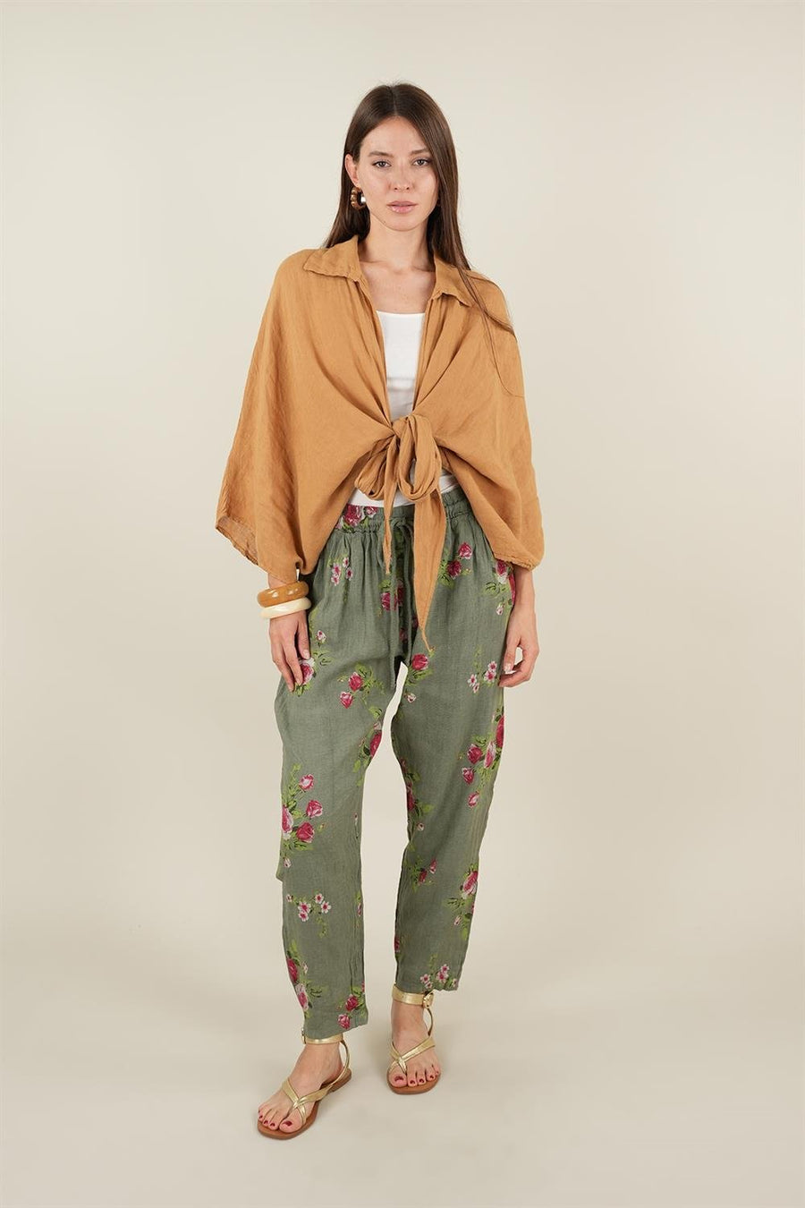 Rose Model Bağlamalı Keten Pantolon Haki