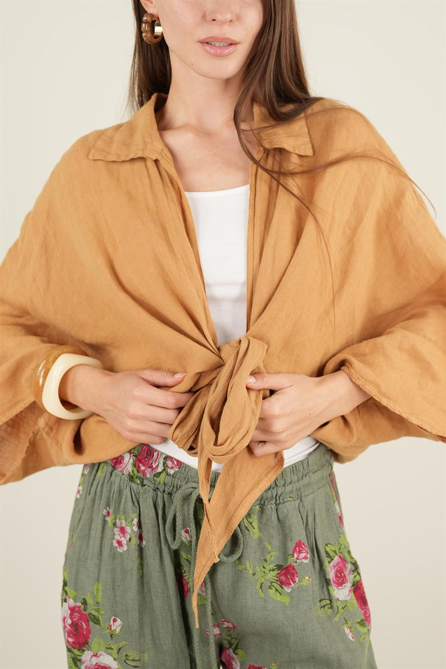Rose Model Bağlamalı Keten Pantolon Haki