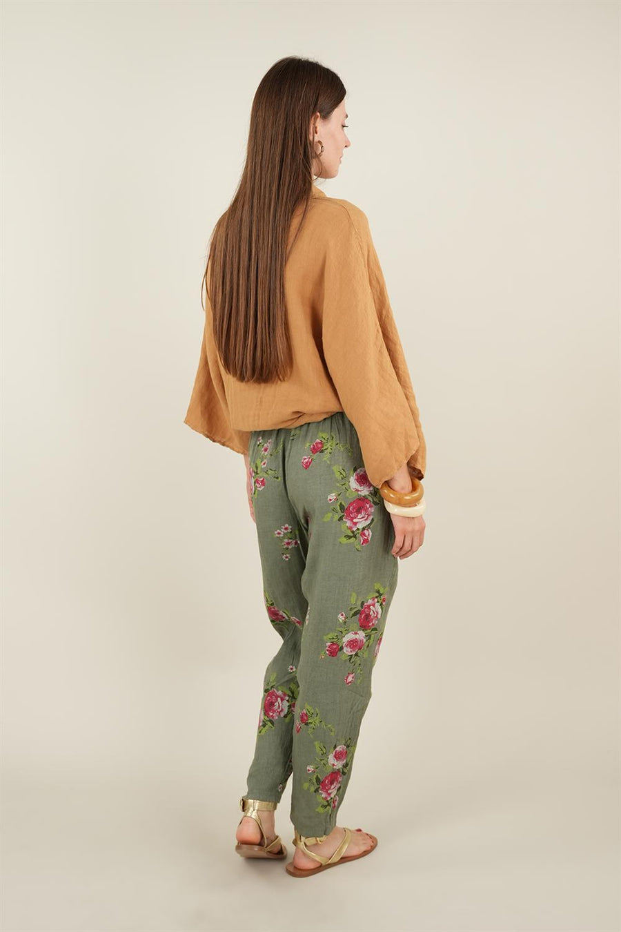 Rose Model Bağlamalı Keten Pantolon Haki