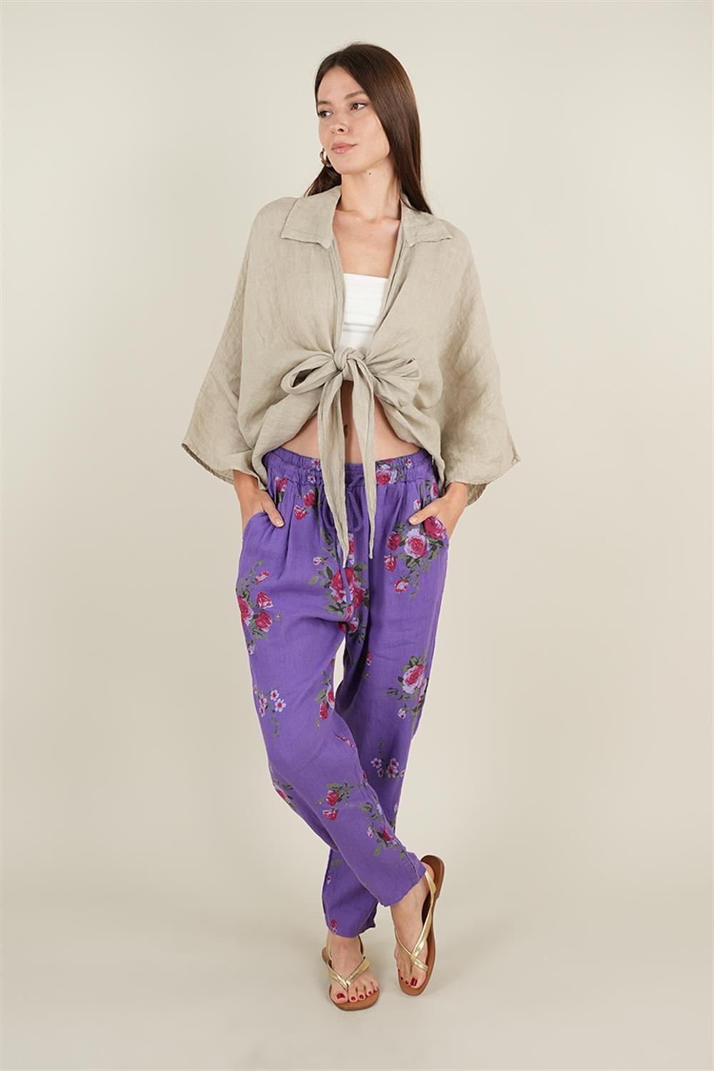 Rose Model Bağlamalı Keten Pantolon Mor