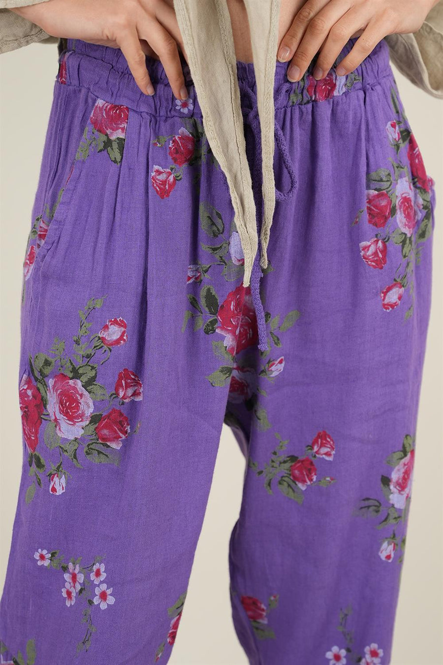 Rose Model Bağlamalı Keten Pantolon Mor