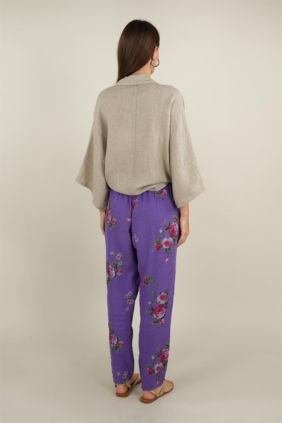 Rose Model Bağlamalı Keten Pantolon Mor