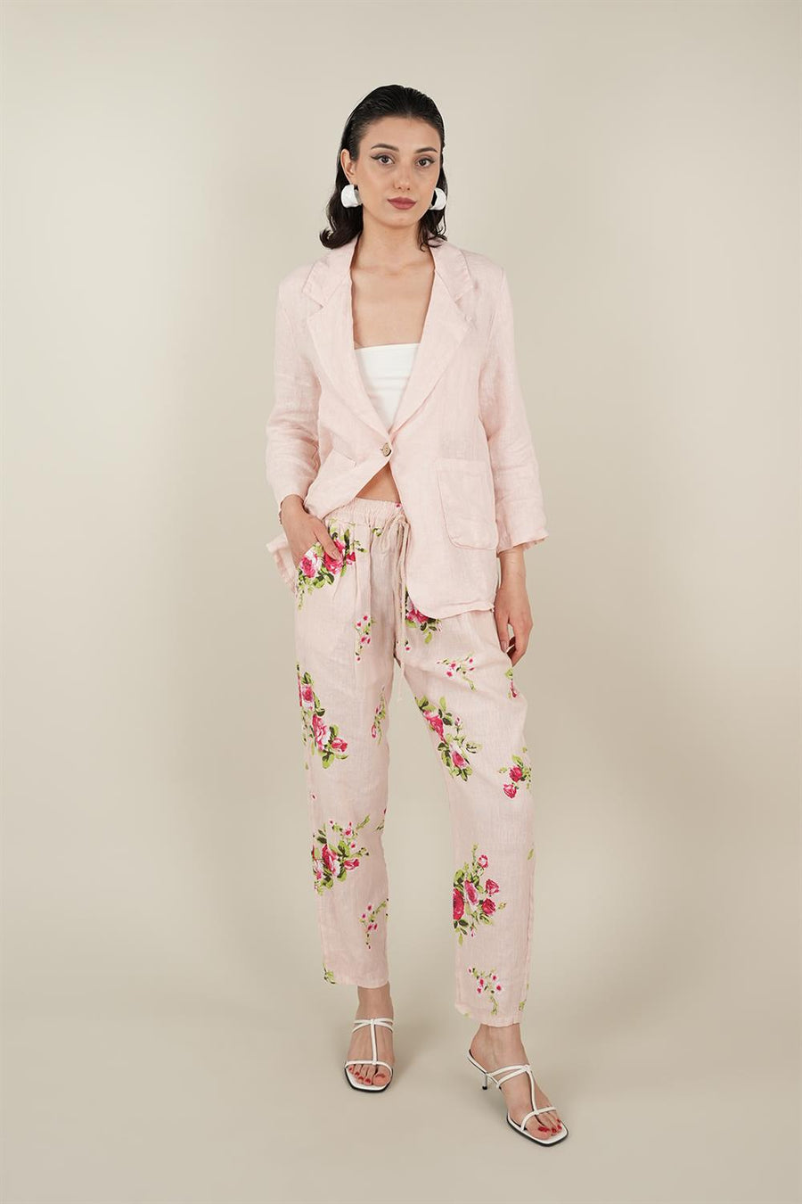 Rose Model Bağlamalı Keten Pantolon Pudra