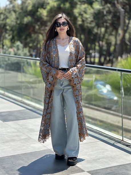 RS Dantelli Çiçekli Kimono Kahve