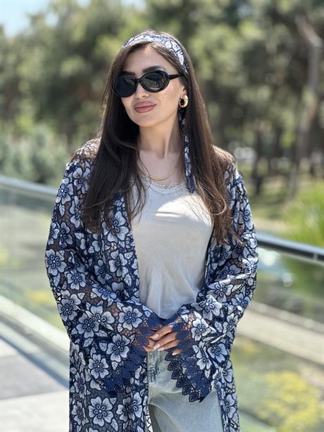 RS Dantelli Çiçekli Kimono Mavi