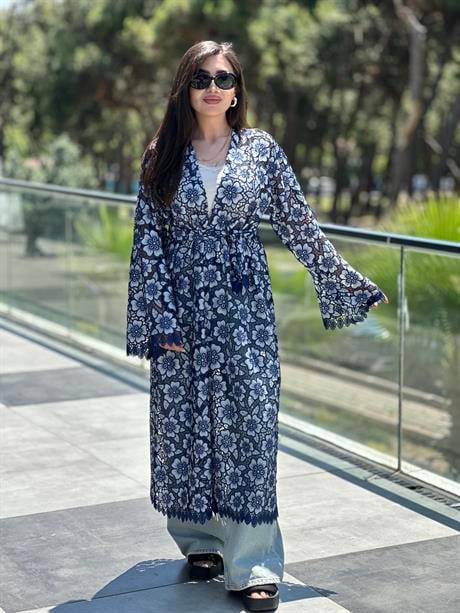 RS Dantelli Çiçekli Kimono Mavi