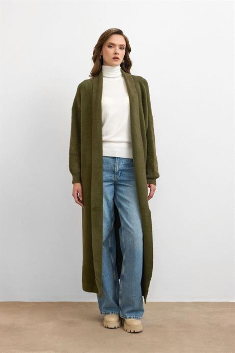 Sakal İplik Model Uzun Hırka - Haki