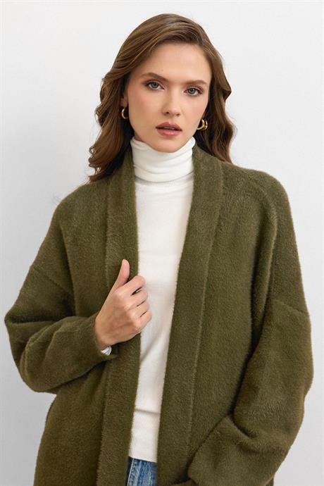 Sakal İplik Model Uzun Hırka - Haki