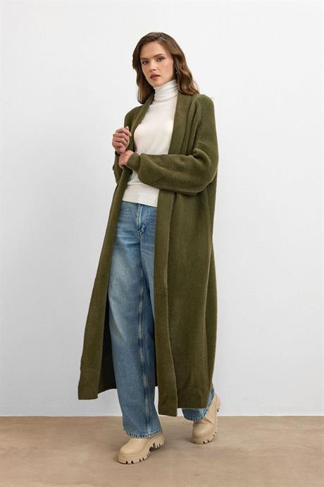 Sakal İplik Model Uzun Hırka - Haki