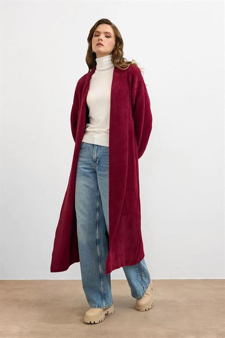 Sakal İplik Model Uzun Hırka Bordo
