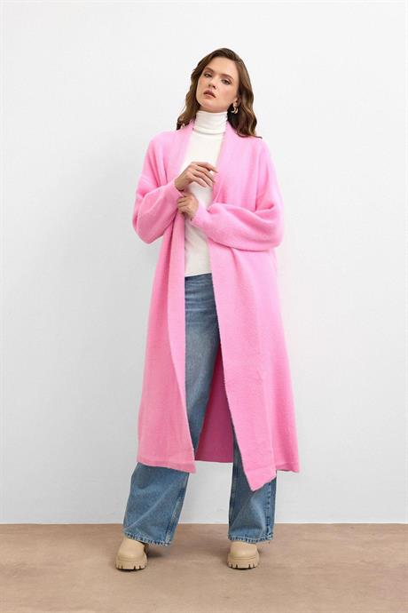 Sakal İplik Model Uzun Hırka Pembe
