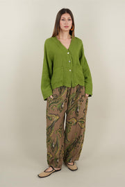 Şal Desenli Açık Kahve Keten Pantolon