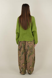 Şal Desenli Açık Kahve Keten Pantolon