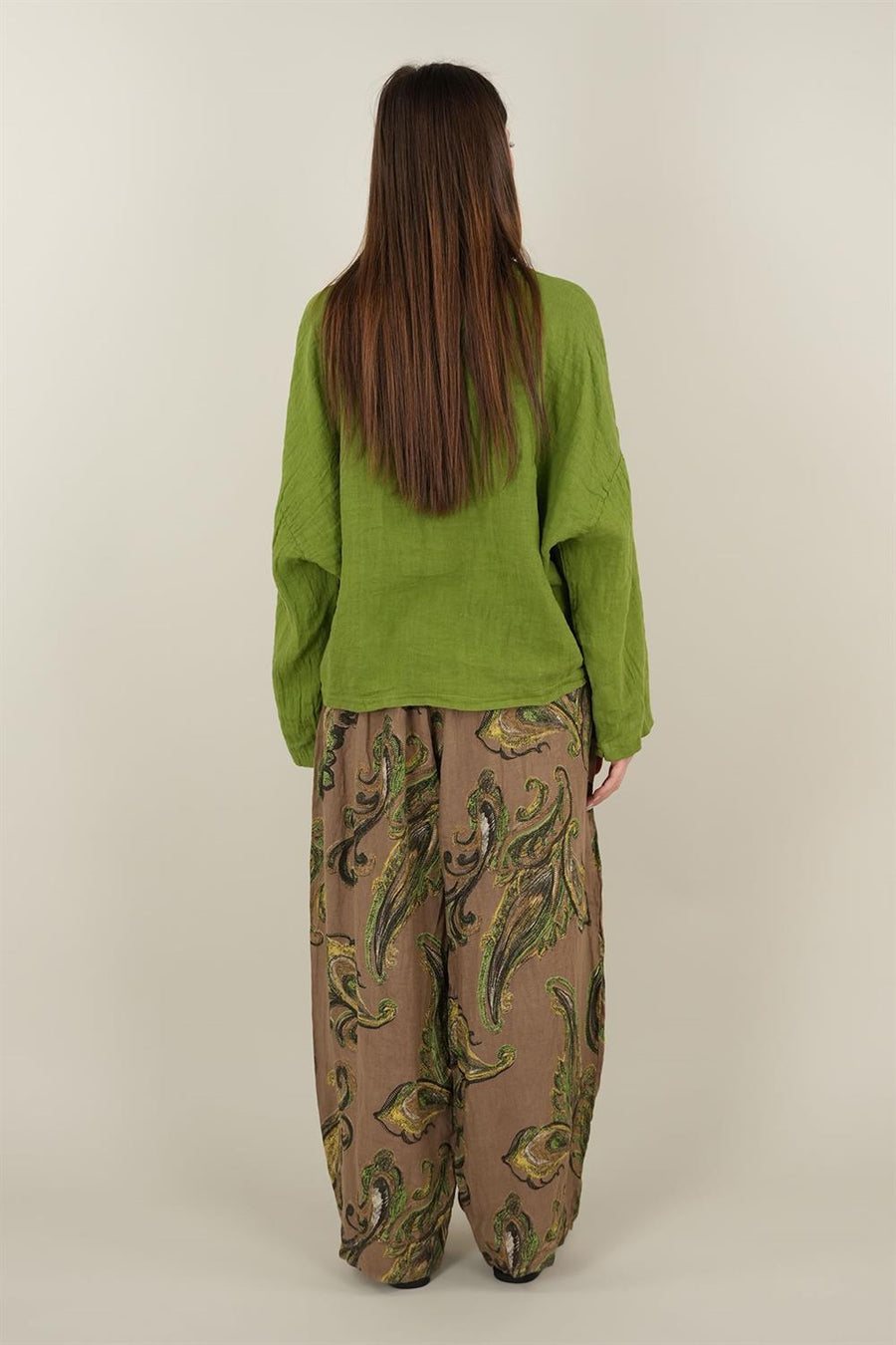 Şal Desenli Açık Kahve Keten Pantolon