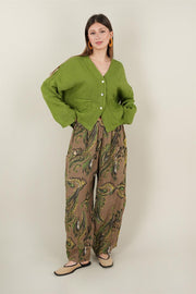 Şal Desenli Açık Kahve Keten Pantolon