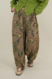 Şal Desenli Açık Kahve Keten Pantolon
