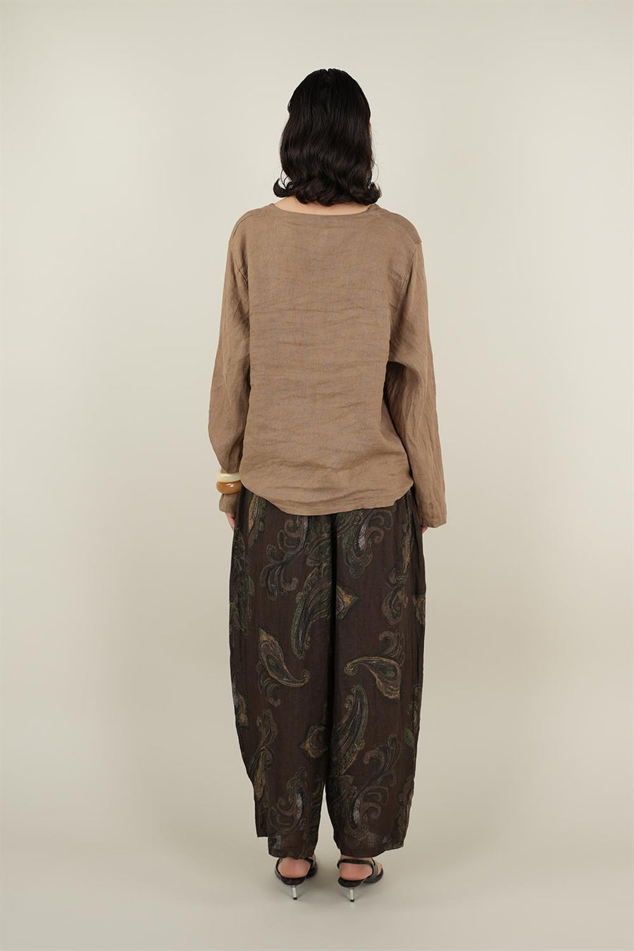 Şal Desenli Koyu Kahve Keten Pantolon