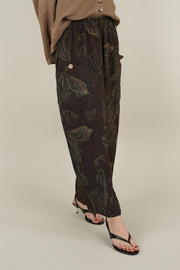 Şal Desenli Koyu Kahve Keten Pantolon