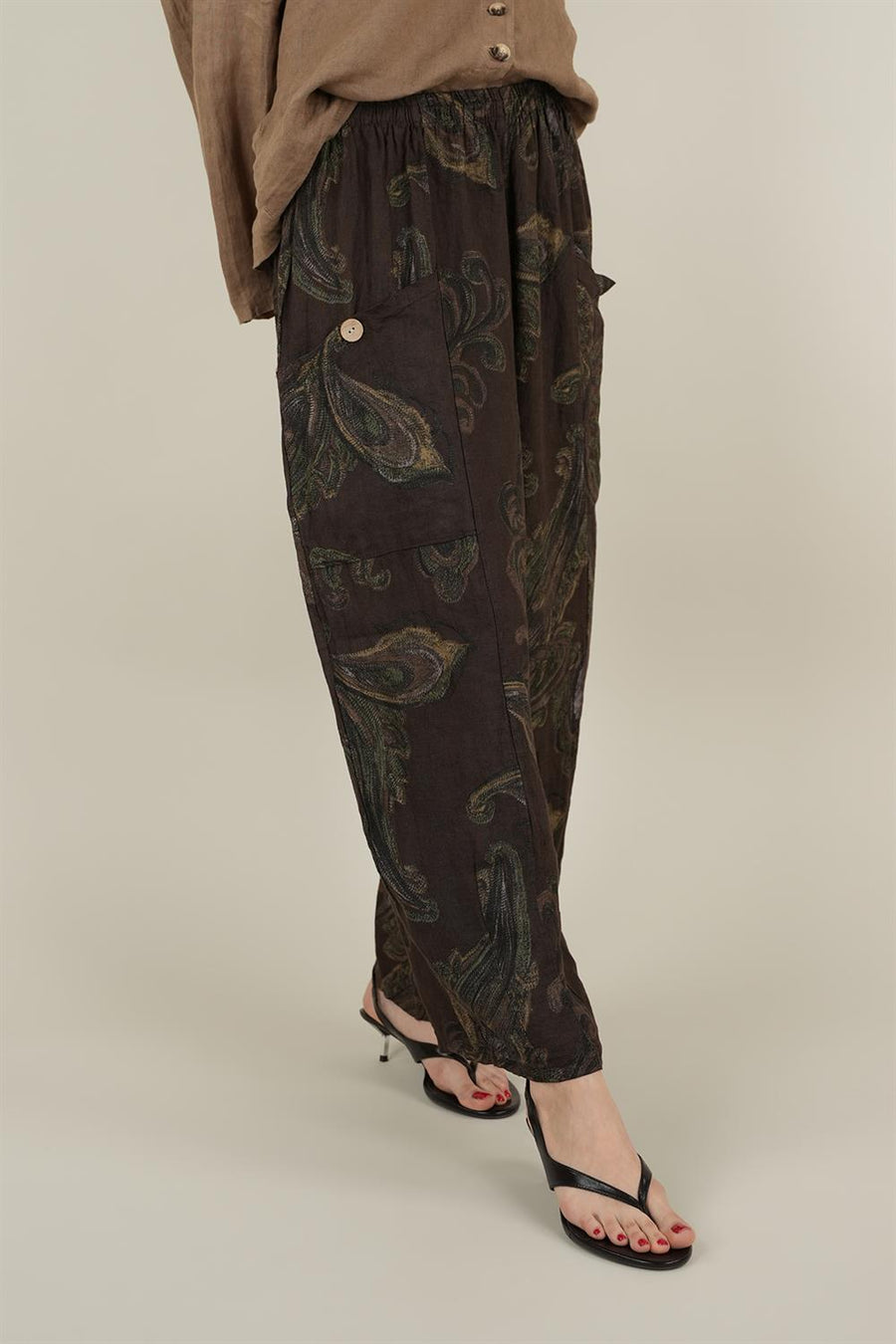 Şal Desenli Koyu Kahve Keten Pantolon