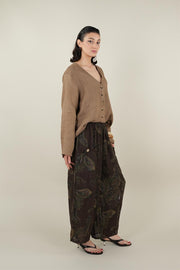 Şal Desenli Koyu Kahve Keten Pantolon