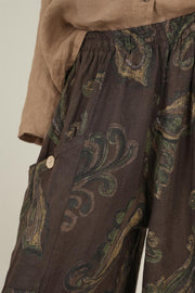 Şal Desenli Koyu Kahve Keten Pantolon