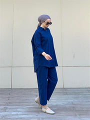 Şalvarlı Keten İkili Takım Lacivert