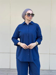 Şalvarlı Keten İkili Takım Lacivert