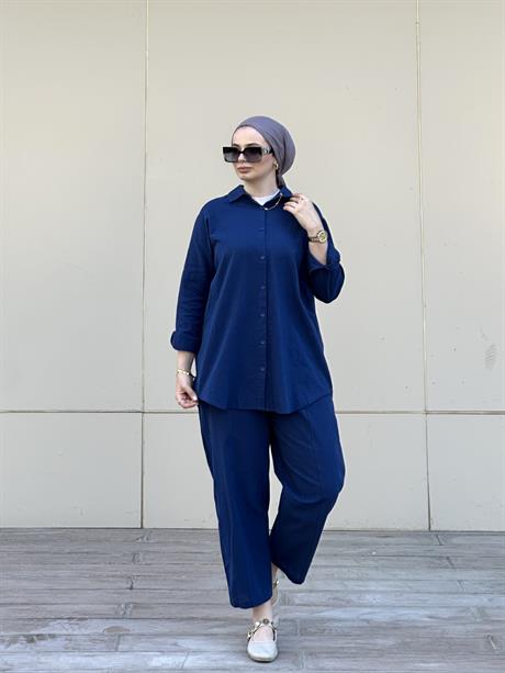 Şalvarlı Keten İkili Takım Lacivert