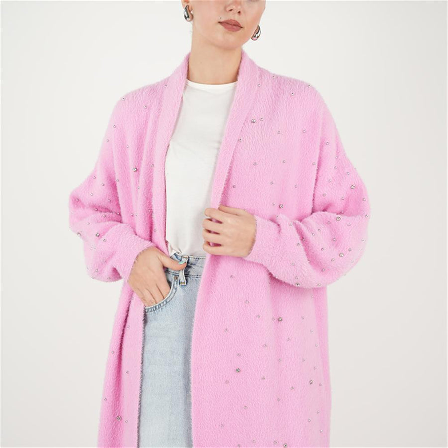 Serpme Taş Angora Hırka Pembe