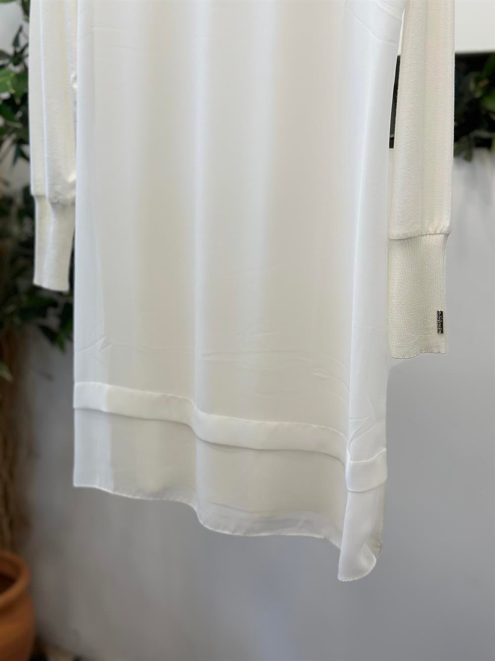 Şifonlu Uzun Kol Penye Tunik Beyaz