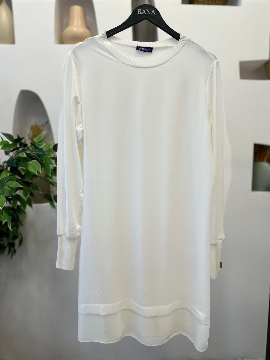 Şifonlu Uzun Kol Penye Tunik Beyaz