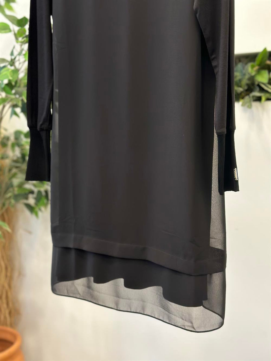 Şifonlu Uzun Kol Penye Tunik Siyah