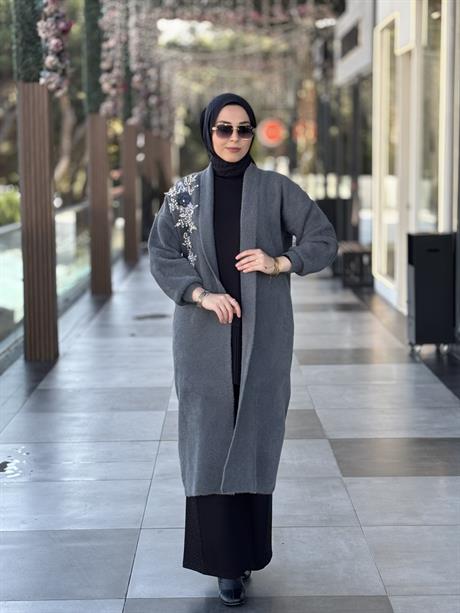 Taş İşlemeli Angora Hırka-Füme