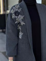 Taş İşlemeli Angora Hırka-Füme