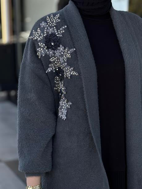 Taş İşlemeli Angora Hırka-Füme