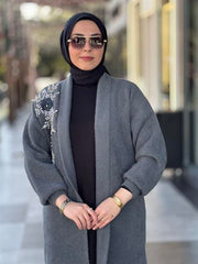 Taş İşlemeli Angora Hırka-Füme