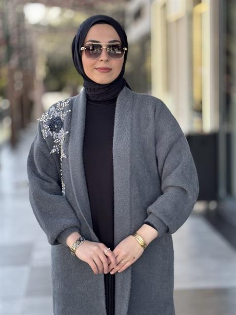 Taş İşlemeli Angora Hırka-Füme