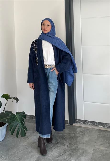 Taş İşlemeli Angora Hırka-lacivert