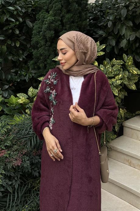 Taş İşlemeli Hırka-Mürdüm