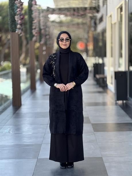 Taş İşlemeli Angora Hırka-Siyah