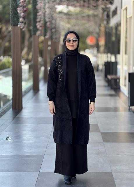 Taş İşlemeli Angora Hırka-Siyah