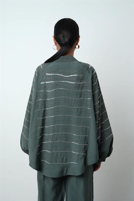 Taş İşlemeli Oversize Kadın Kimono - 34584 Petrol