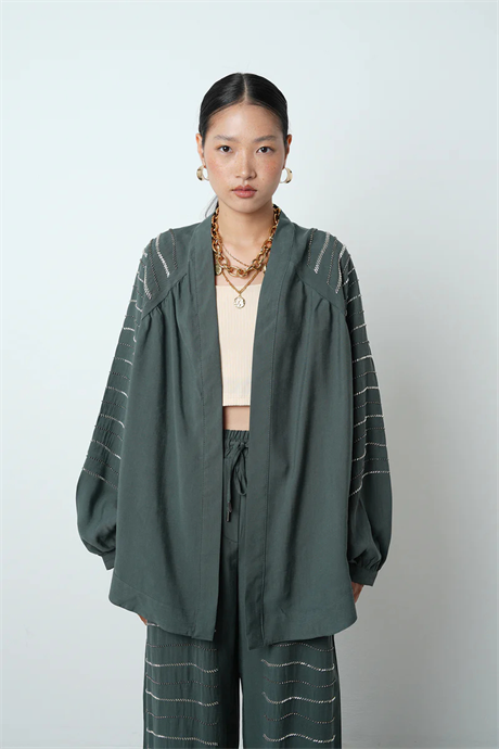 Taş İşlemeli Oversize Kadın Kimono - 34584 Petrol