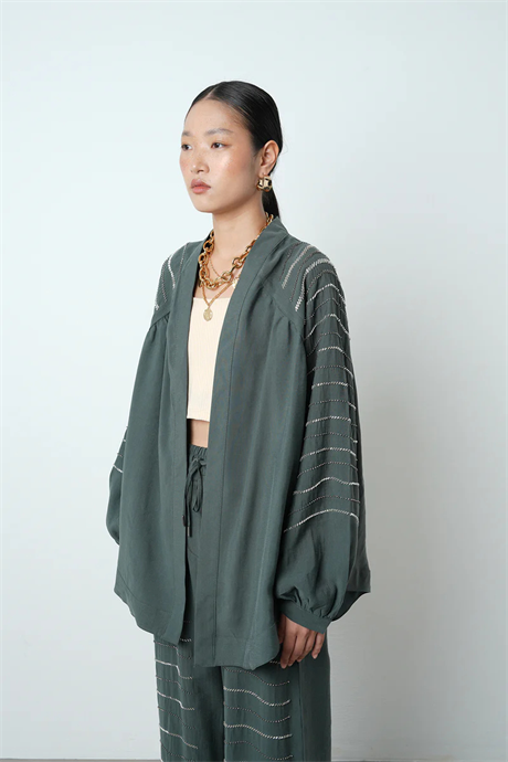 Taş İşlemeli Oversize Kadın Kimono - 34584 Petrol