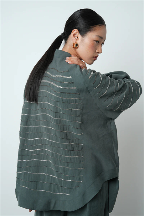 Taş İşlemeli Oversize Kadın Kimono - 34584 Petrol