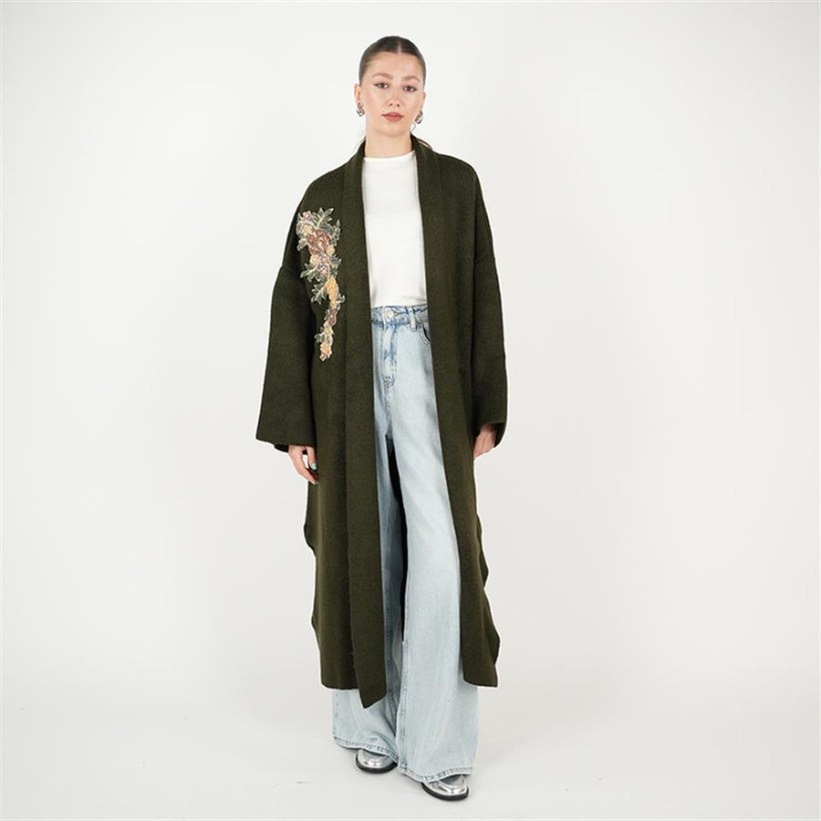 Tek Tarafı İşlemeli Triko Hırka Haki